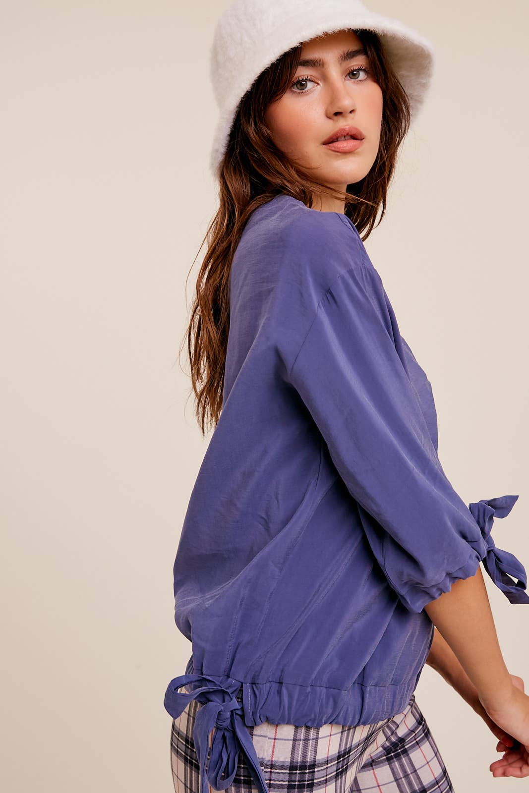 Textured Drape Tunnel Cuff & Hem Woven Top in Navy - 926 West