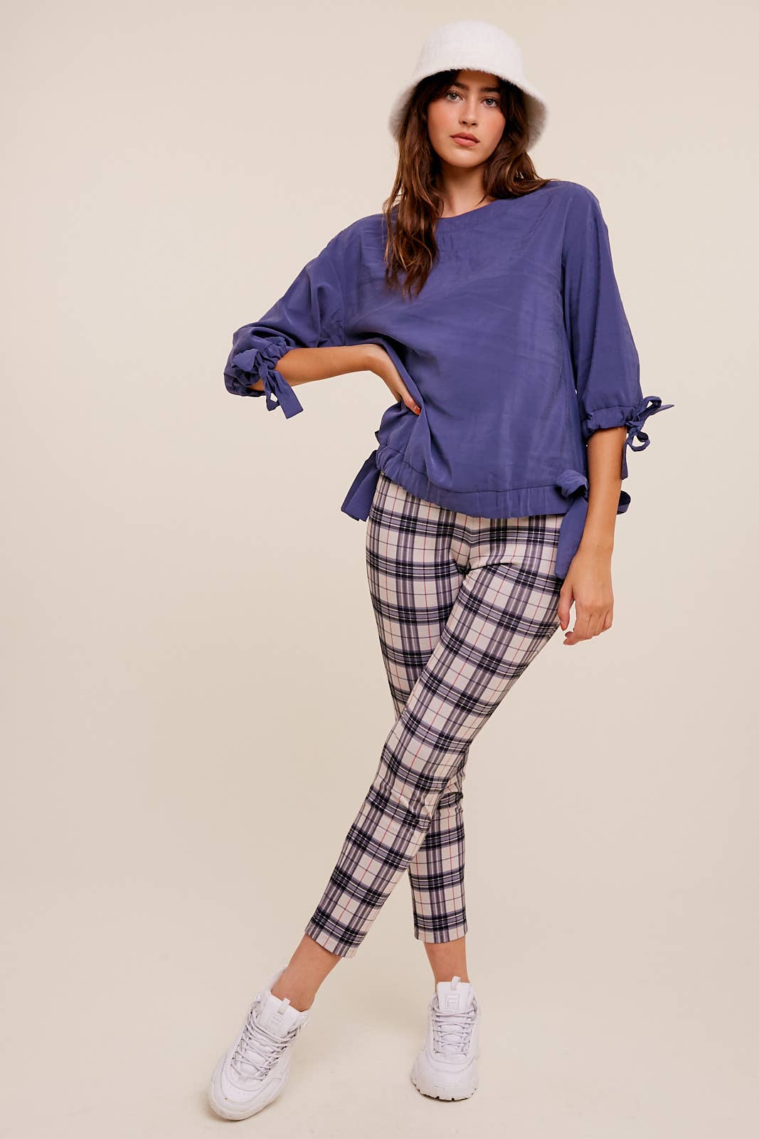 Textured Drape Tunnel Cuff & Hem Woven Top in Navy - 926 West