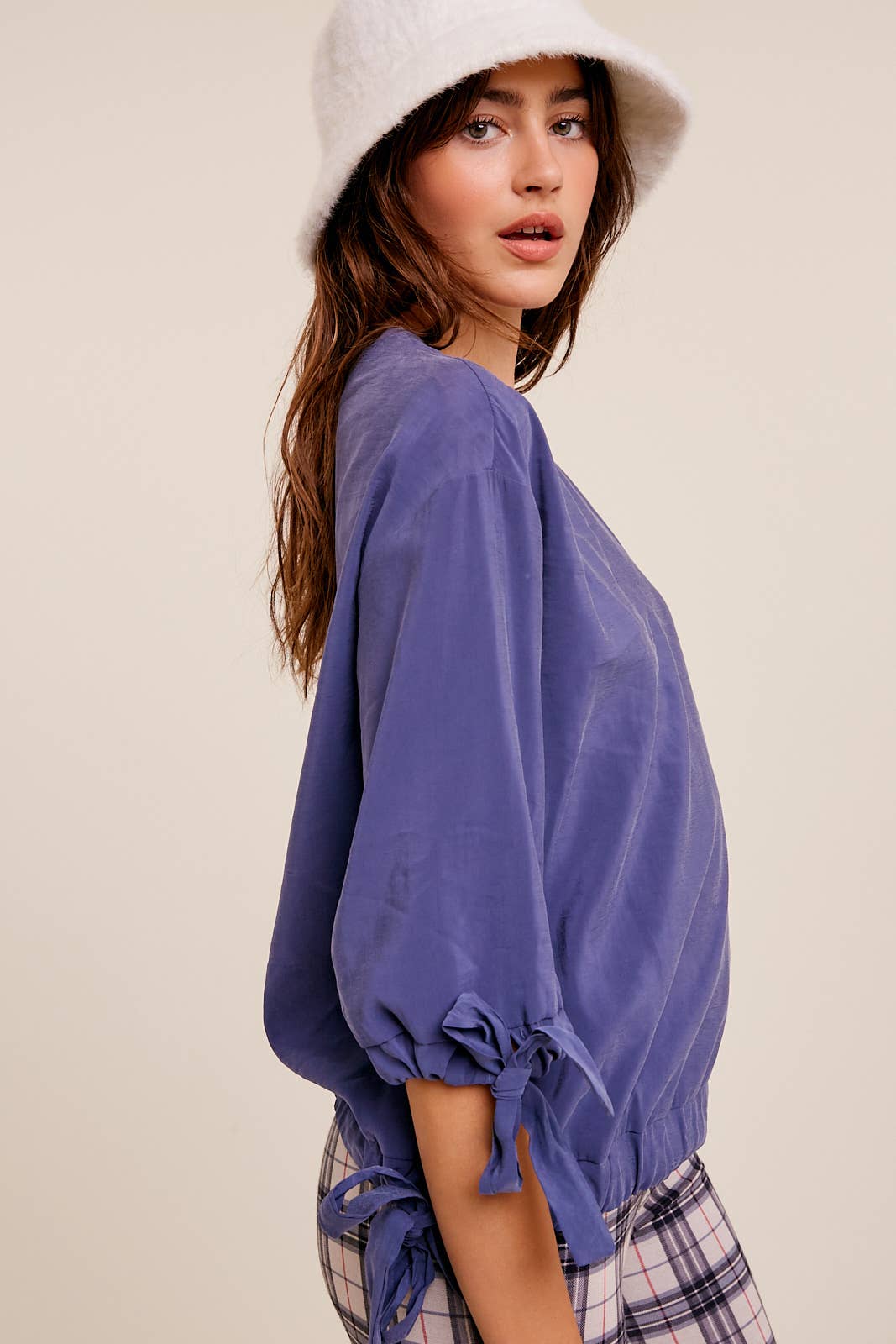 Textured Drape Tunnel Cuff & Hem Woven Top in Navy - 926 West