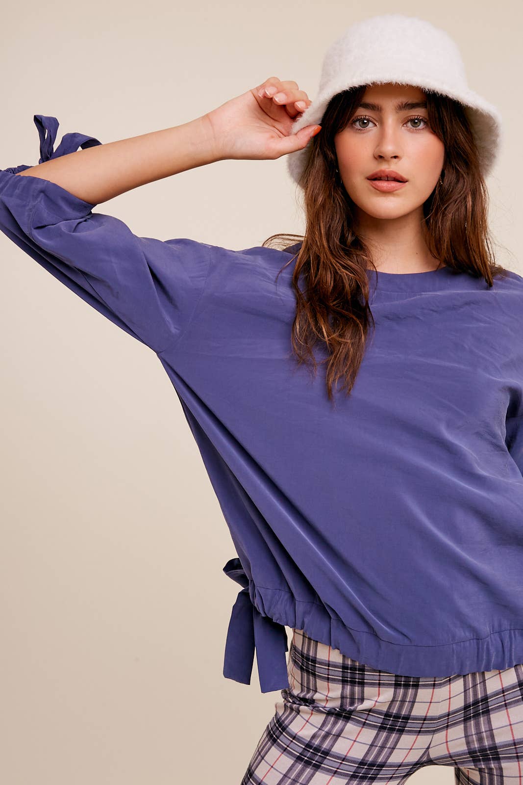 Textured Drape Tunnel Cuff & Hem Woven Top in Navy - 926 West