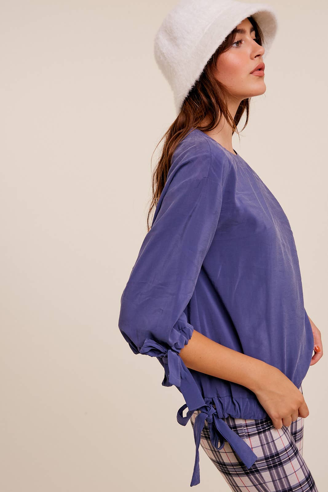 Textured Drape Tunnel Cuff & Hem Woven Top in Navy - 926 West