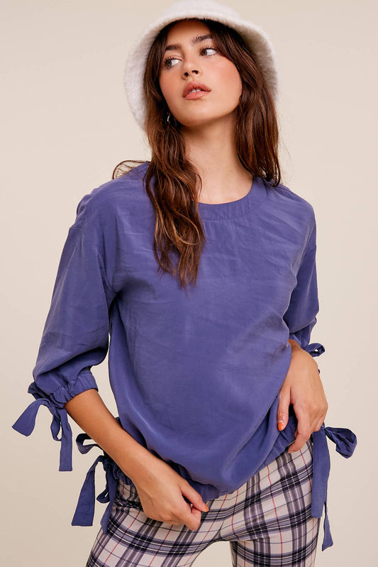 Textured Drape Tunnel Cuff & Hem Woven Top in Navy - 926 West