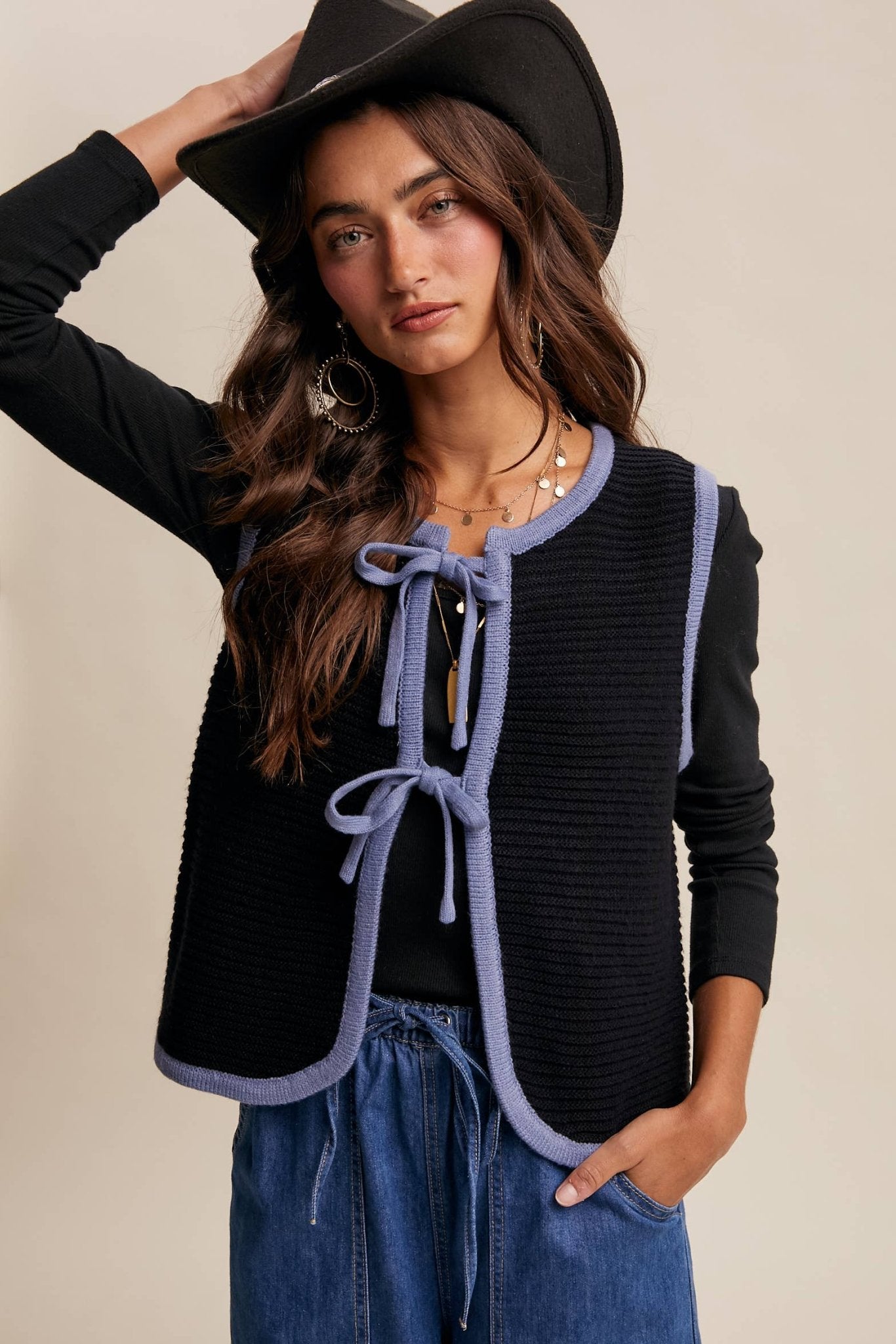 Two - Tone Tie Front Knit Vest LSW0997 - 926 West