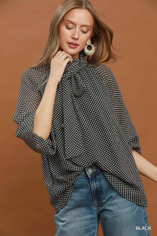 Umgee Black Polka Dot Tie Neck Balloon Sleeve Blouse - 926 West