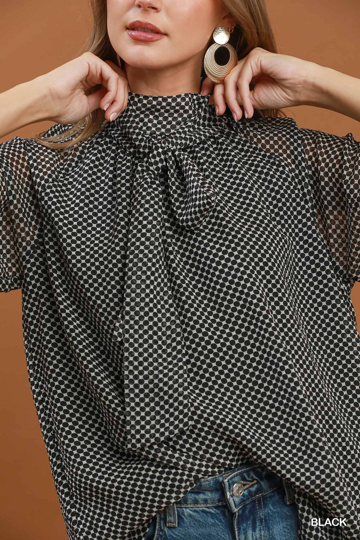 Umgee Black Polka Dot Tie Neck Balloon Sleeve Blouse - 926 West