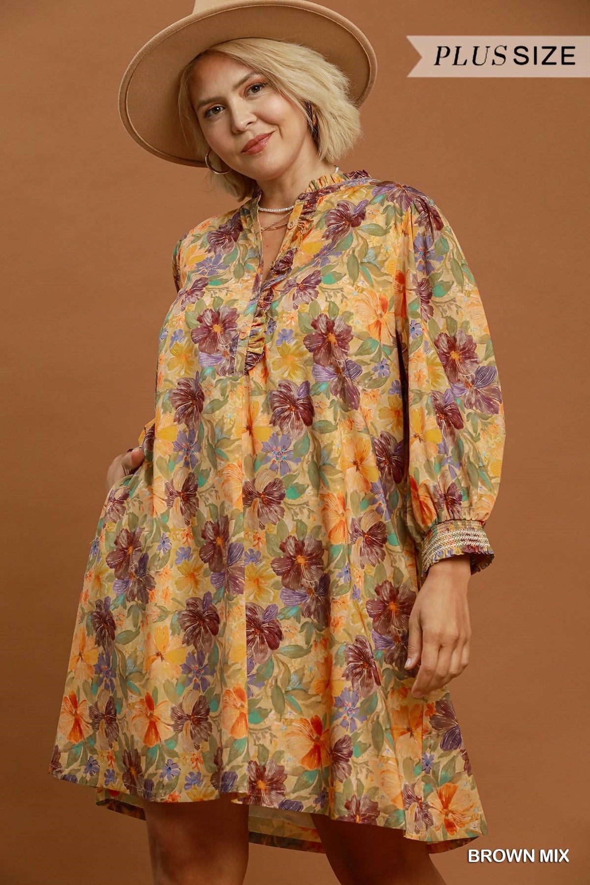Umgee Plus Mix Floral Print Smocked Cuff Mini Dress - 926 West