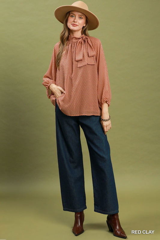 Umgee Polka Dot Tie Neck Balloon Sleeve Blouse - 926 West