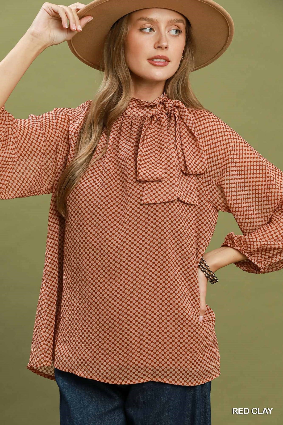 Umgee Polka Dot Tie Neck Balloon Sleeve Blouse - 926 West