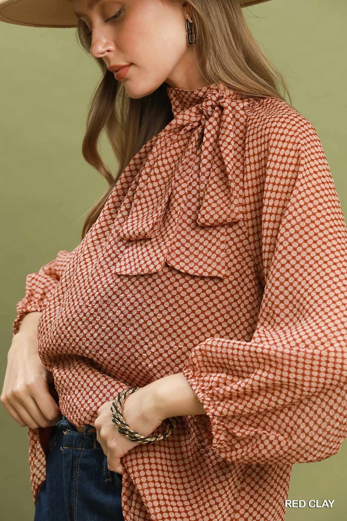 Umgee Polka Dot Tie Neck Balloon Sleeve Blouse - 926 West