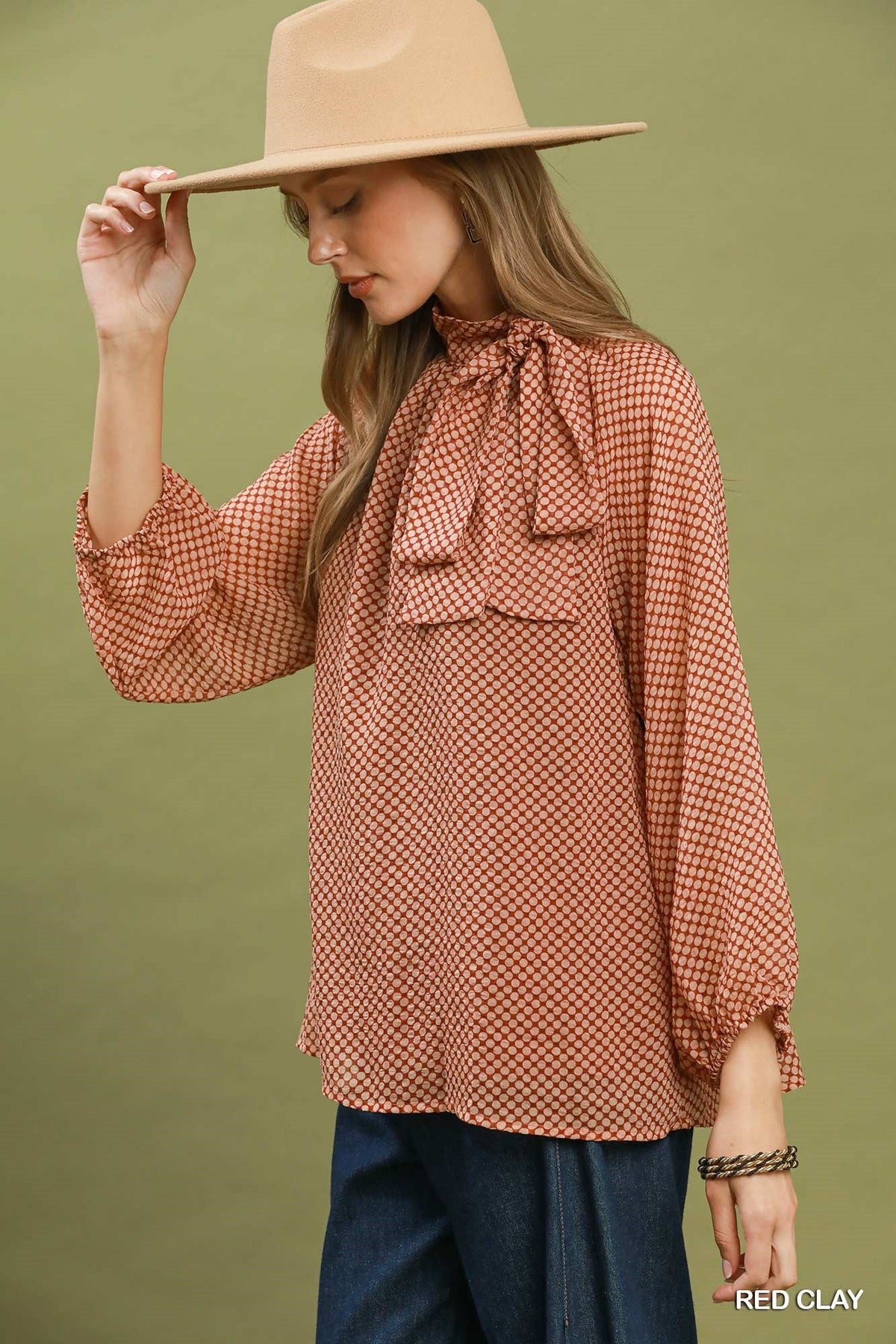 Umgee Polka Dot Tie Neck Balloon Sleeve Blouse - 926 West