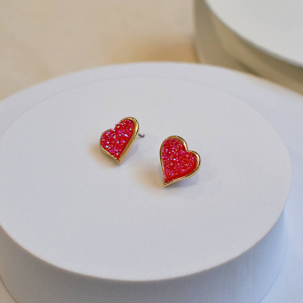 Uneven Resin Heart Druzy Button Stud Earrings - 926 West