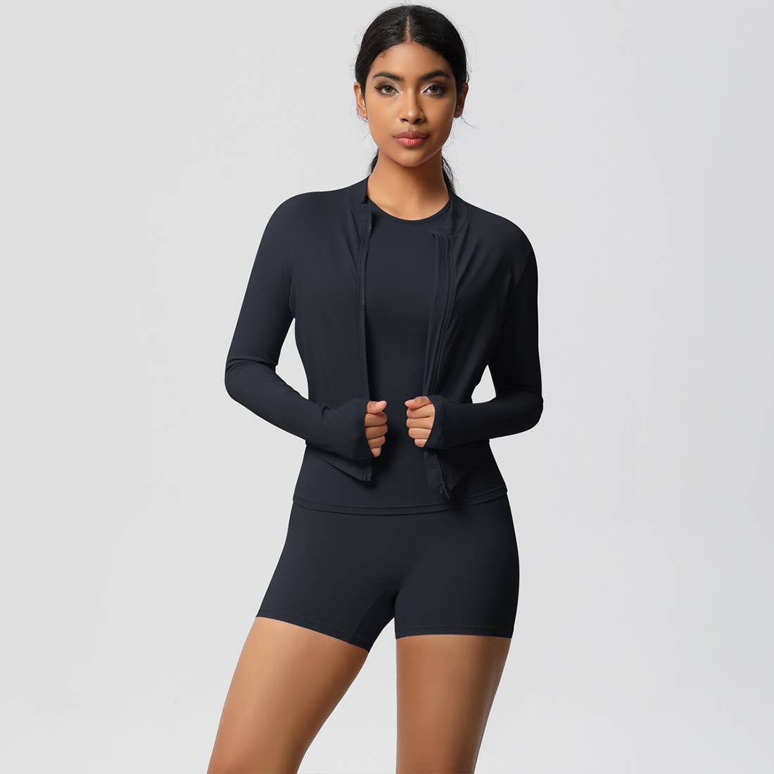Women Yoga Set:Round Neck Short Sleeve+ Zip Jacket+ Leggings - 926 West