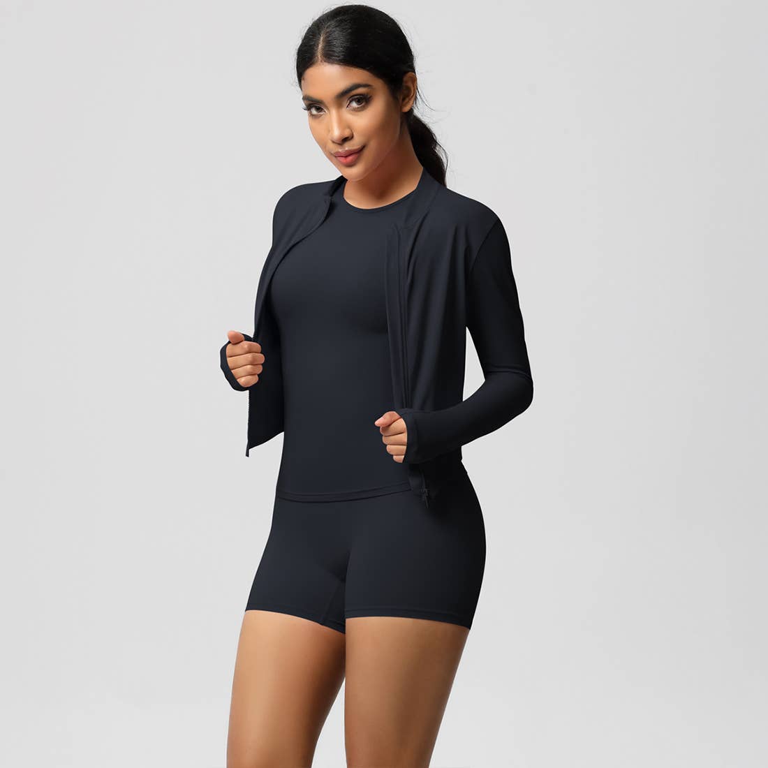 Women Yoga Set:Round Neck Short Sleeve+ Zip Jacket+ Leggings - 926 West